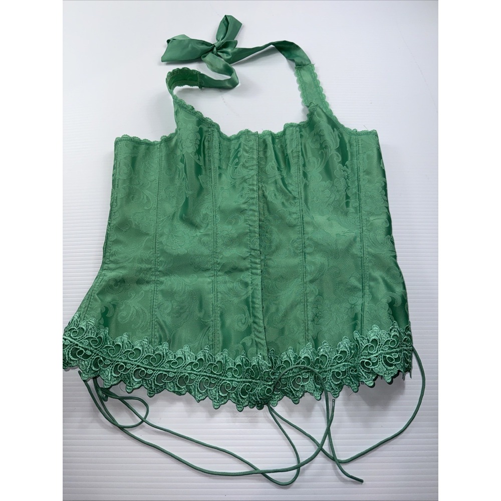Frederick's of Hollywood Green Tie Back Halter Corset Top Lace Damask 38